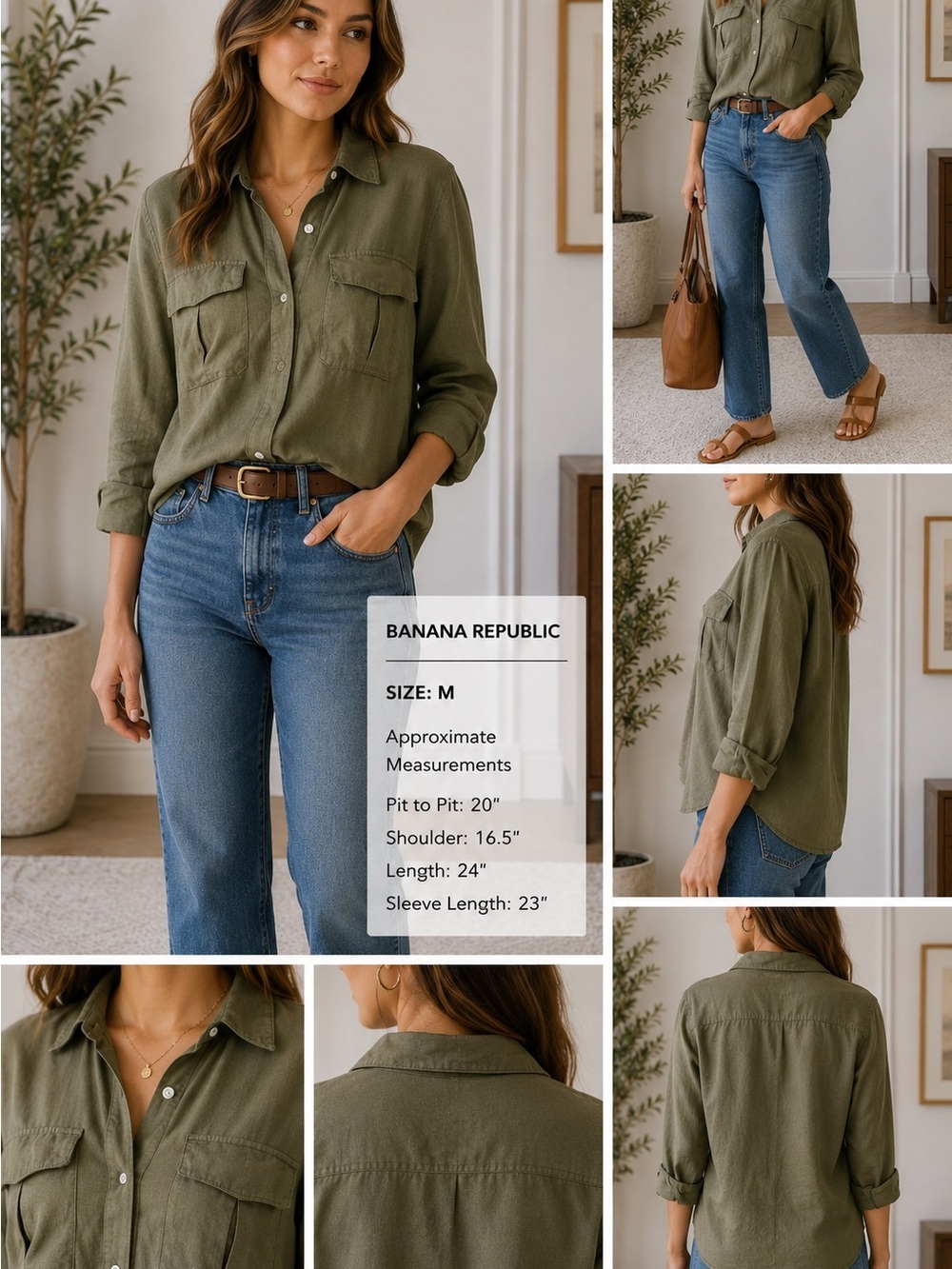 Banana Republic Olive Linen Blend Utility Button-Up Blouse Size M